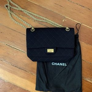 CHANEL quilted fabric purse, black with gold metal strap